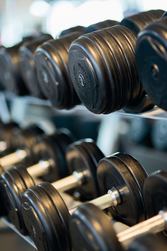 Home Close-up view of black dumbbells neatly arranged on a rack in a gym.
